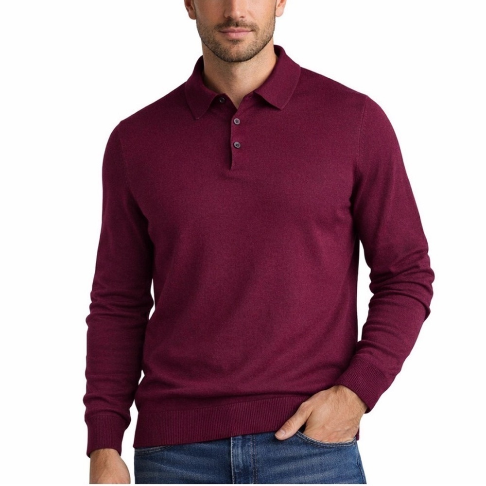 Men's Turnbury sweater extra fine Merino wool 1/4 button up collared burgundy M*